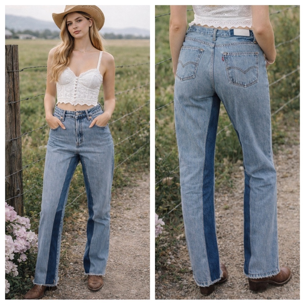 New! RE/Done 90’s crop low slung indigo spliced patchwork blue 28843